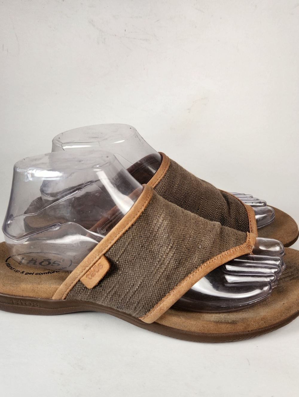 Taos Footwear Brown Canvas Slide Sandals with Tan Trim - Picture 2 of 11